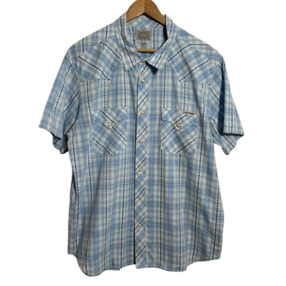 VTG Lucky Brand Western Wear Pearl Snap Short Sleeve Shirt Mens XL Blue Plaid